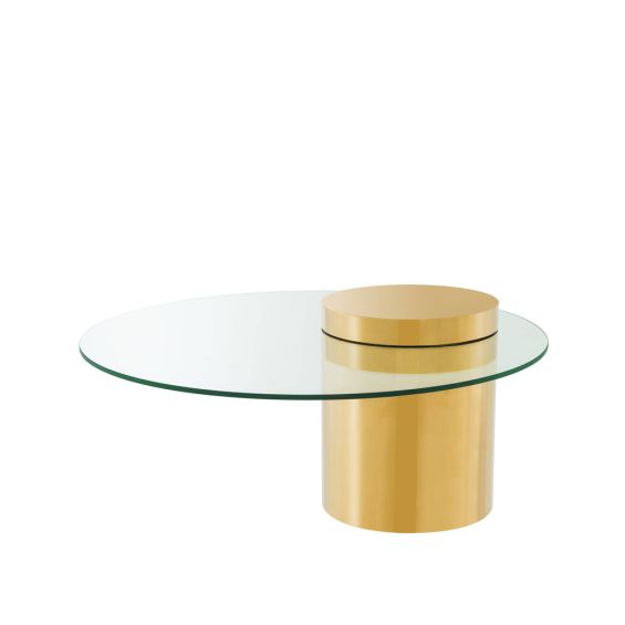 Gold cylindrical base coffee table with round glass tabletop