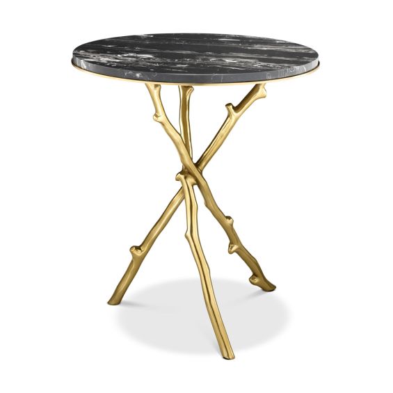 Eichholtz modern gold legged side table with black marble tabletop