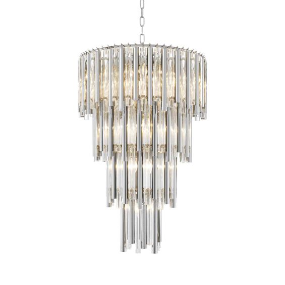 Glamorous glass droplet 4 tier chandelier in a nickel finish