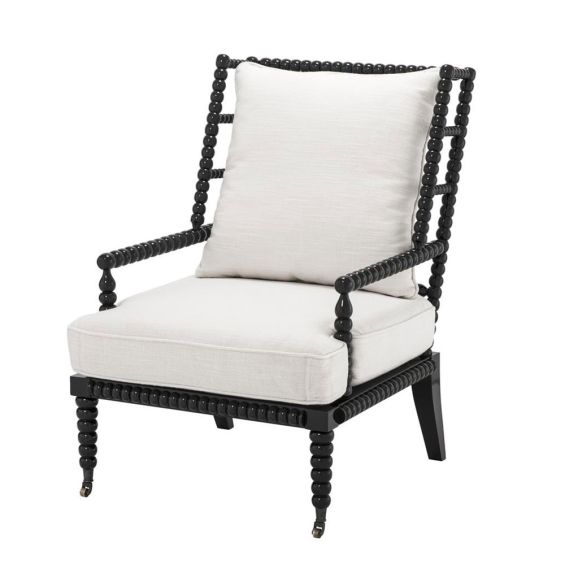 Contemporary black beaded armchair with white cushion seating  