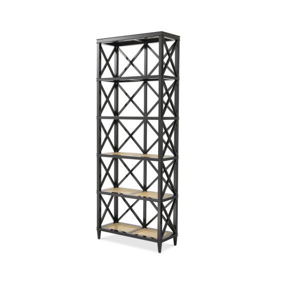 A luxurious black mahogany and natural rattan display cabinet