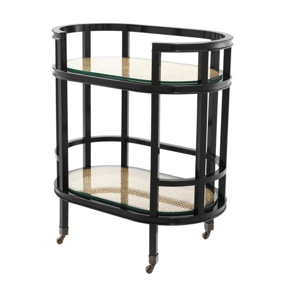 Designer 2 tier drinks trolley black frame with woven glass 
