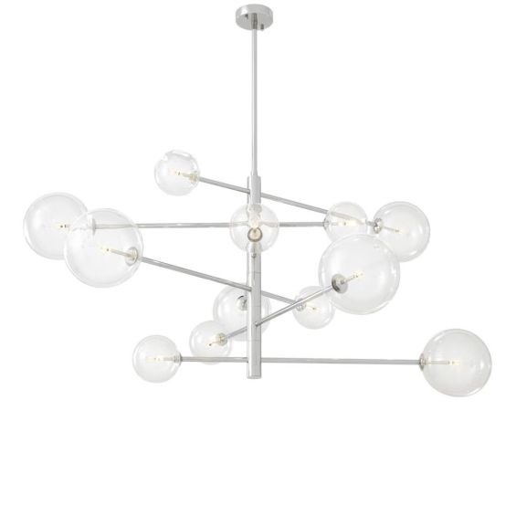 Large retro, asymmetrical design nickel chandelier with large bulb design