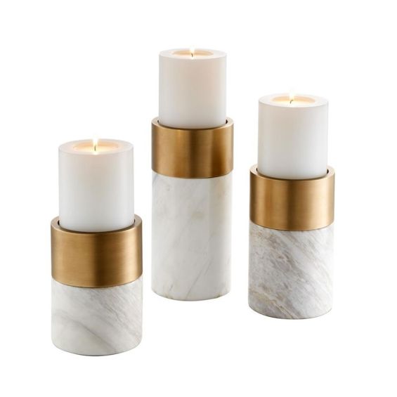 Set Of 3 Marble And Brass Candle Holders