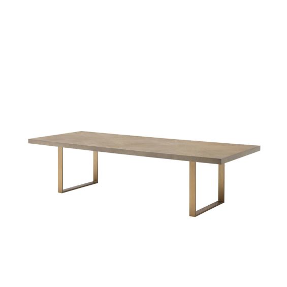 A luxurious rectangular oak wooden dining table with a brushed brass base