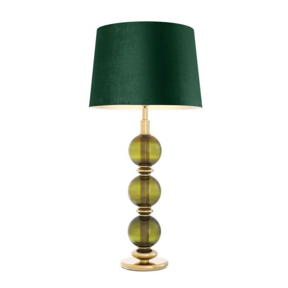 Green glass, gold finish table lamp with green velvet shade