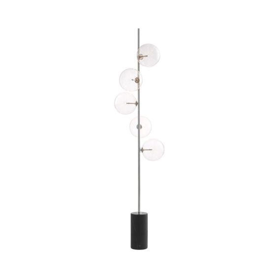 Modern, nickel finish floor lamp with 5 glass lampshade detailing and black marble base