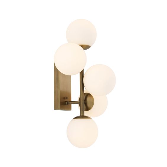 A stylish antique brass wall lamp with white glass shades