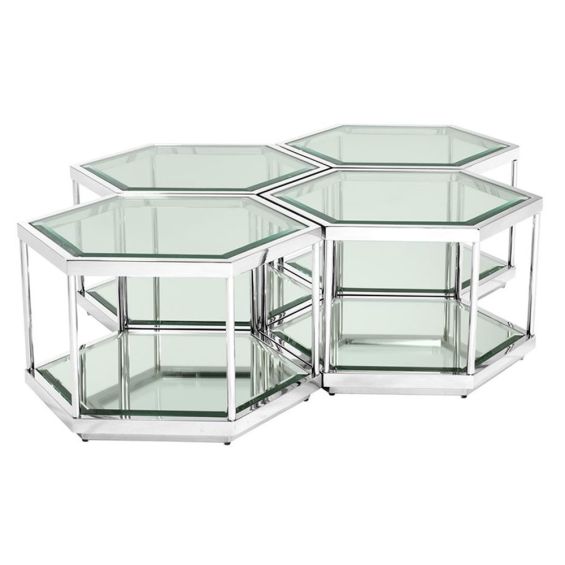 Luxury silver hexagonal shaped 4 in 1 coffee table with glass top