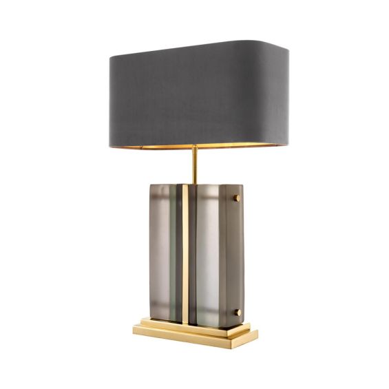 Gold table lamp with frosted glass and grey velvet shade