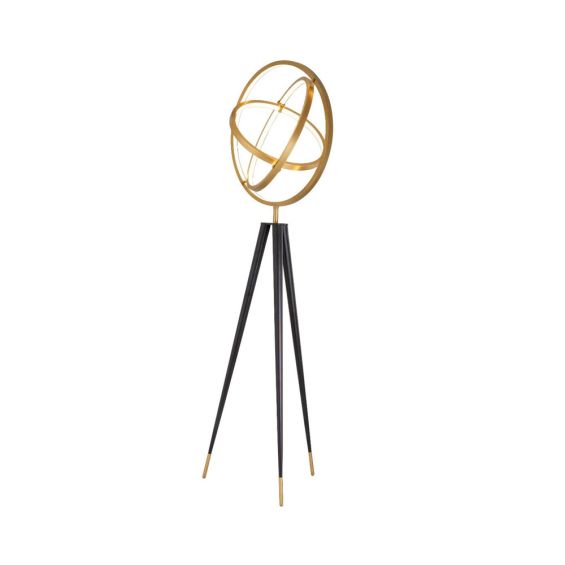 brass galaxy halo-inspired floor lamp with black tapered legs and brass caps.