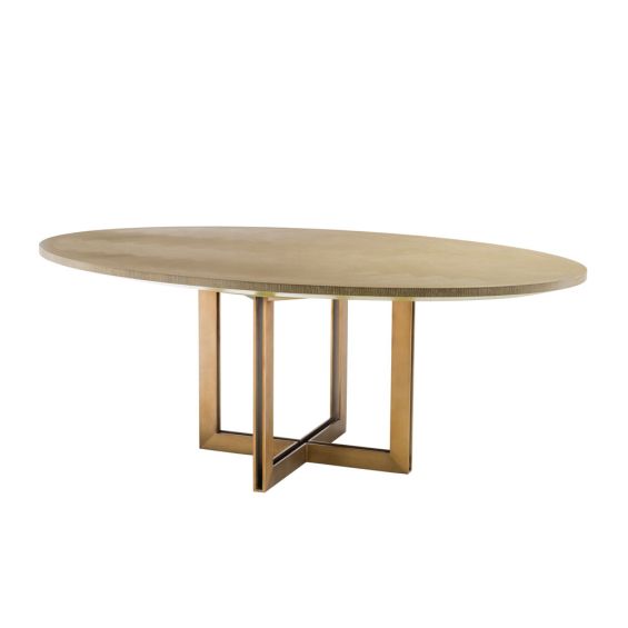 washed oak oval table with brushed brass frame 