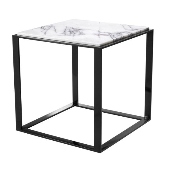 lilac and white marble side table with high gloss black frame 