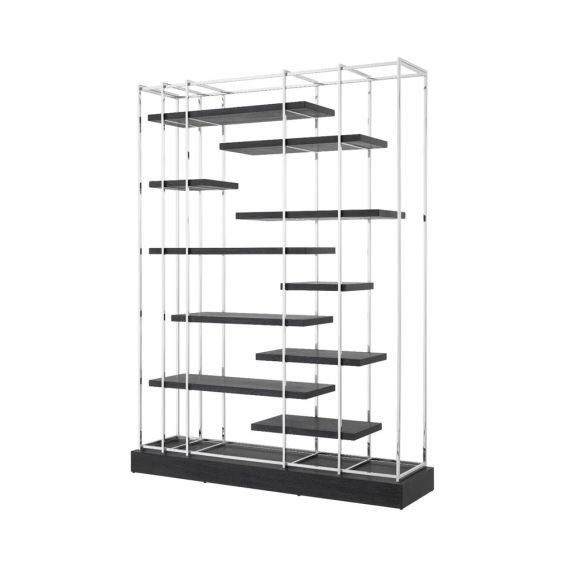 large nickel and charcoal shelving unit cabinet 