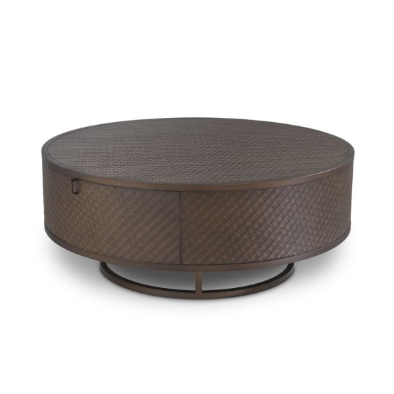 An elegant dark woven oak coffee table with a bronze base
