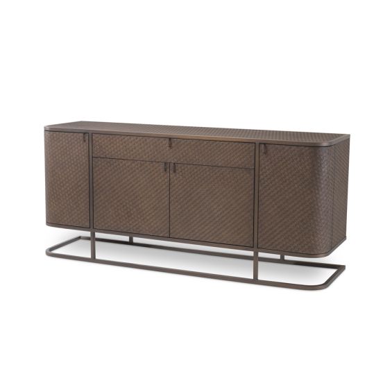 A luxurious dark oak and bronze dresser sideboard