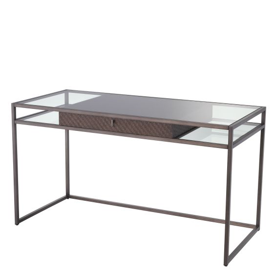 glass desk with glass tabletop and woven oak veneer drawer
