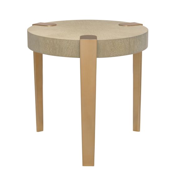 round oak veneer side table with brushed brass legs 