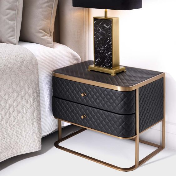 Black, faux leather bedside table with two drawers and diamond quilted upholstery