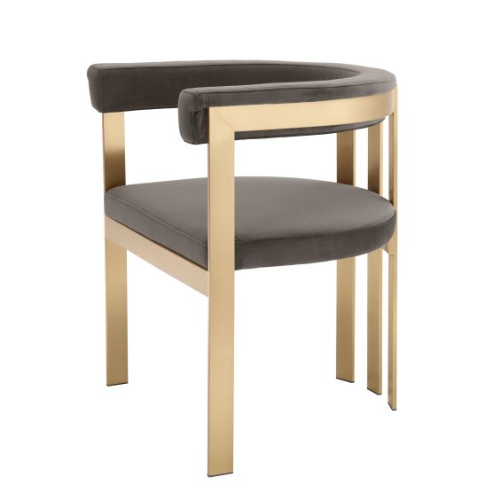 taupe upholstered chair with brushed brass frame 