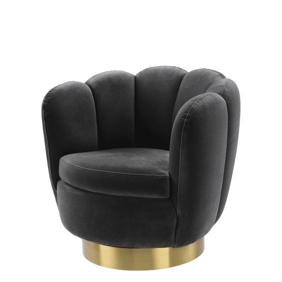 black upholstered swivel armchair with golden base