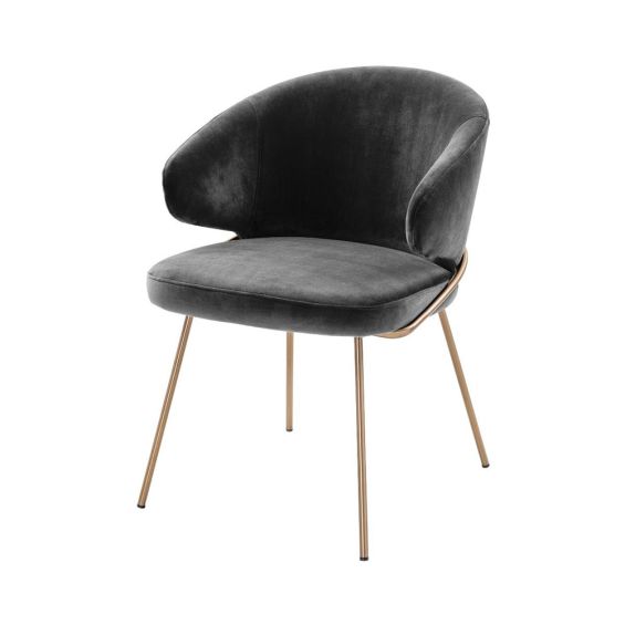 dark grey velvet dining chair with a brushed brass frame