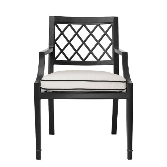 black dining chair with arms and a monochromatic seat cushion - suitable for outdoor