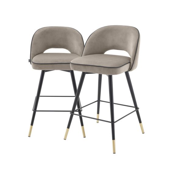 Grey beige velvet bar stools set of 2, with black piping and golden accents