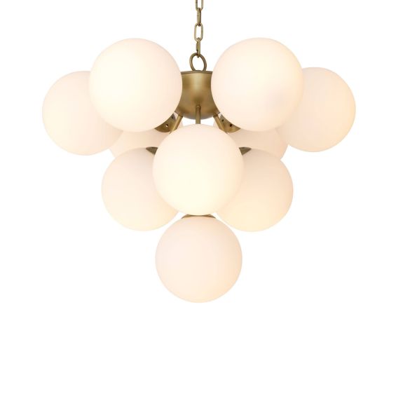 antique brass chandelier with white glass spheres