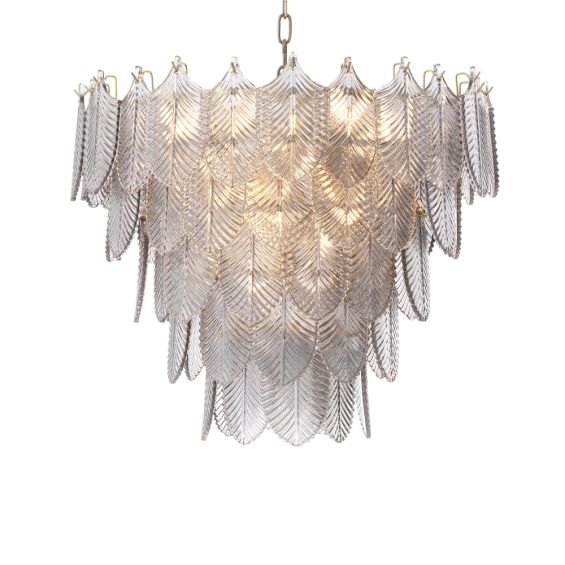 Luxurious light brushed brass chandelier with smoke glass decorative design
