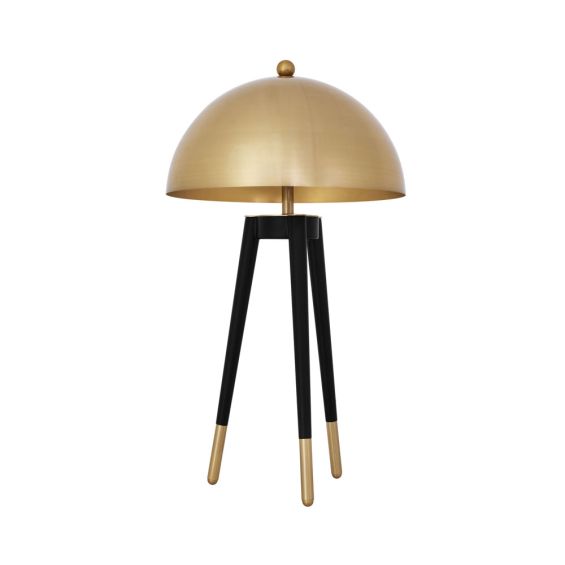 contemporary table lamp with dome-shaped shade and tapered legs with golden caps