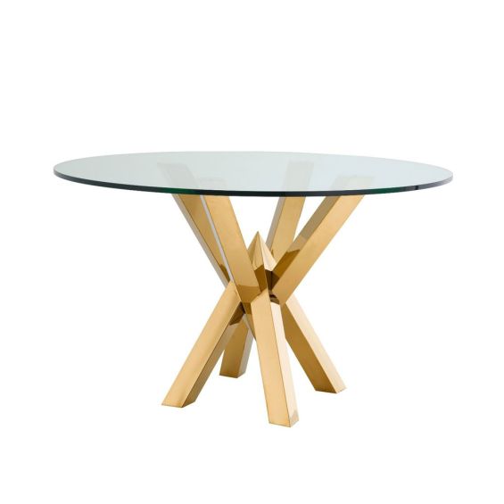 round contemporary glass dining table with golden base 