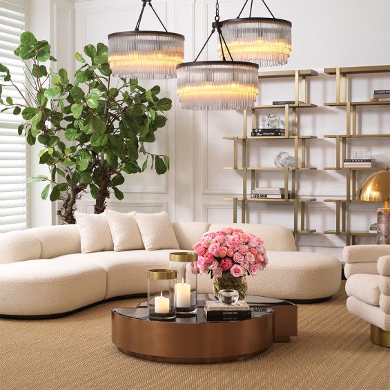 Semi-circular set of 2 coffee tables in a brushed copper finish with black bevelled glass tabletop