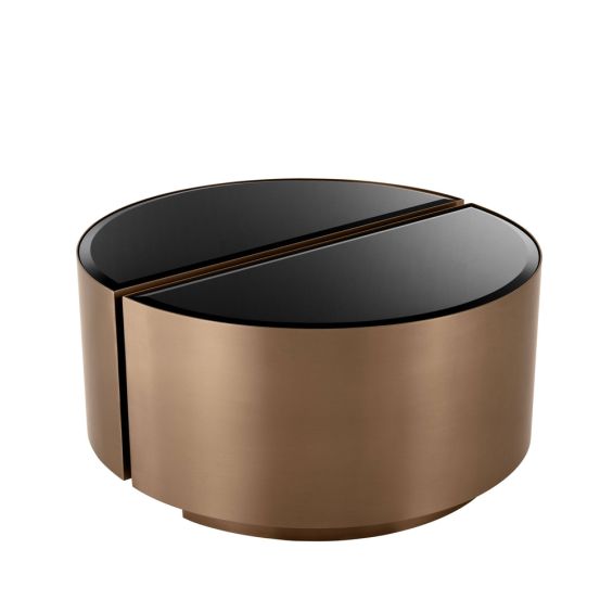 Eichholtz brushed copper finish set of 2 side tables with black bevelled glass tabletop