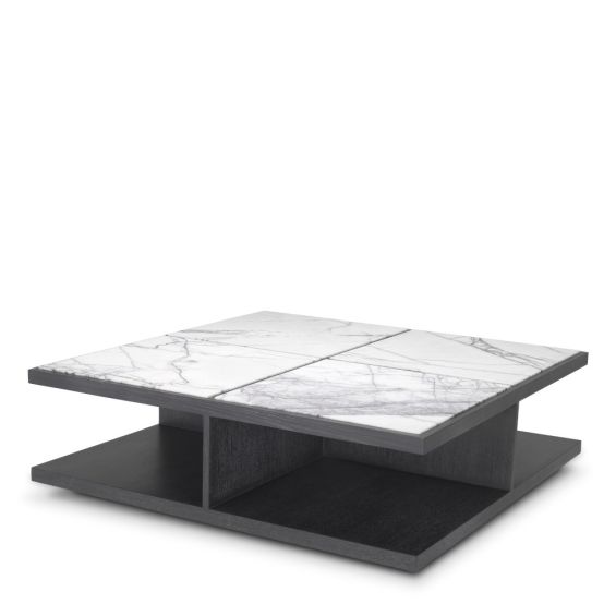 White marble effect coffee table top on grey oak base
