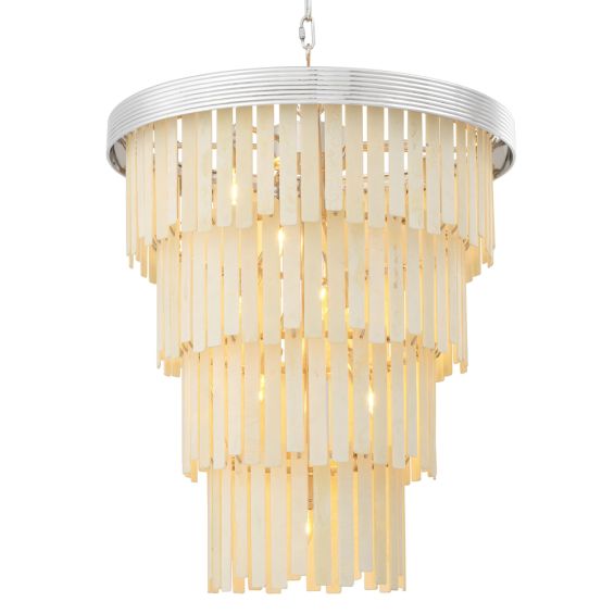 A glamorous contemporary faux bone tiered chandelier with nickel accents