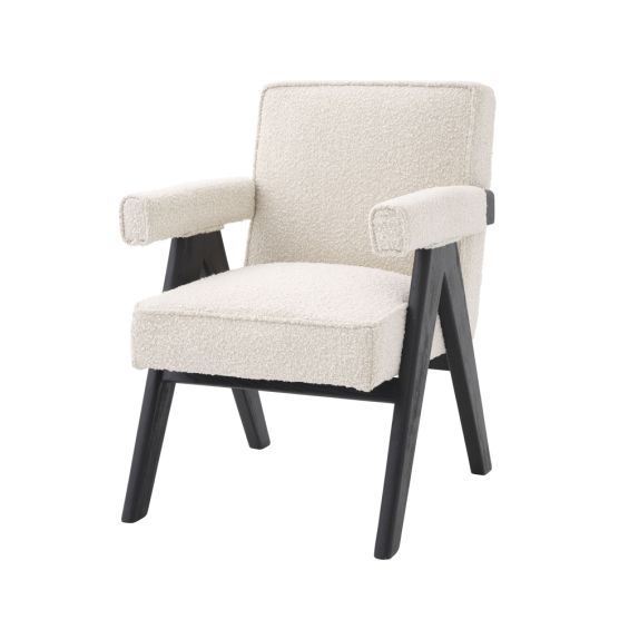 Luxurious boucle cream fabric dining chair with black frame