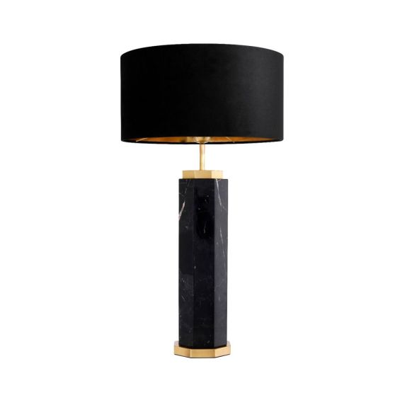 black marble table lamp with antique brass accents and a black lampshade