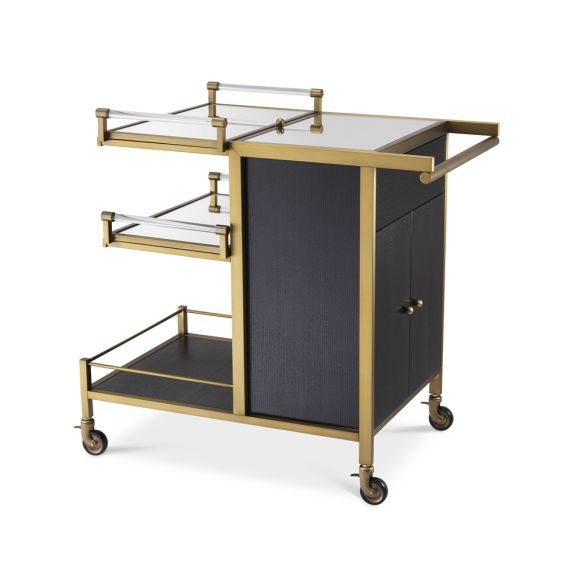 A luxurious dark grey and brushed brass drinks trolley