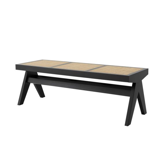 Black framed bench with rattan seat base 