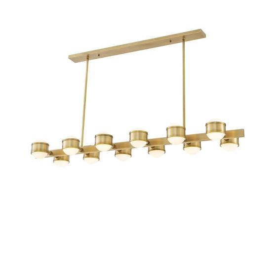 A contemporary 12 light chandelier made up of brass rings and finished in an antique brass.