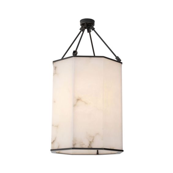 A stylish alabaster hanging ceiling lantern with bronze hardware and detailing