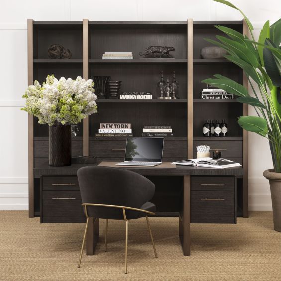 Eichholtz modern luxury charcoal grey oak desk with brass accents