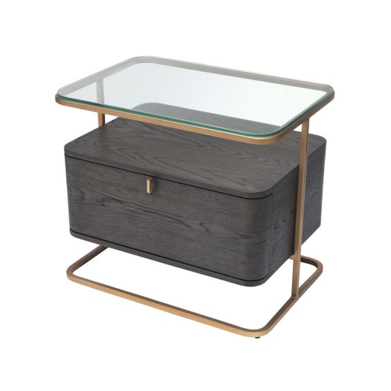 Mocha oak veneer side table with glass table top and brass frame