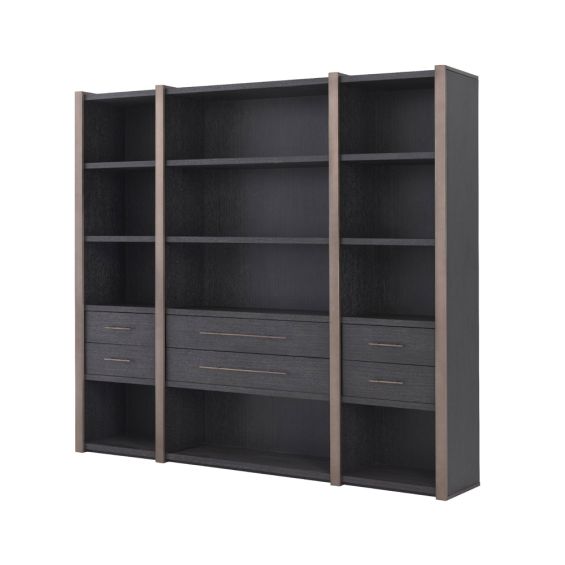 Charcoal grey, large wooden cabinet with 6 drawer storage and shelving unit with bronze detailing