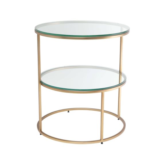 Brushed brass finish side table with multiple circular glass shelving