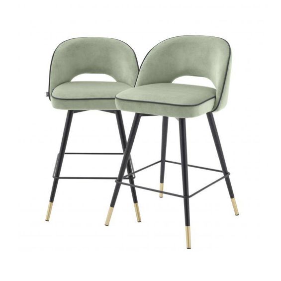 Pistachio green velvet set of 2 bar stools with black piping and golden accents