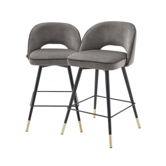 Grey velvet set of 2 bar stools with black faux leather piping and golden accents