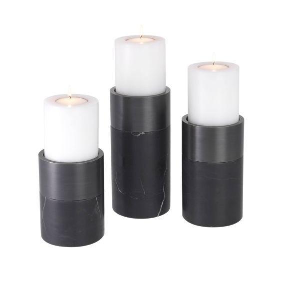 Eichholtz set of 3 black marble candle holders in small medium and large