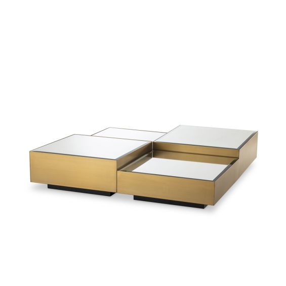 A chic set of 4 square brushed brass coffee tables with bevelled glass surfaces and black bases